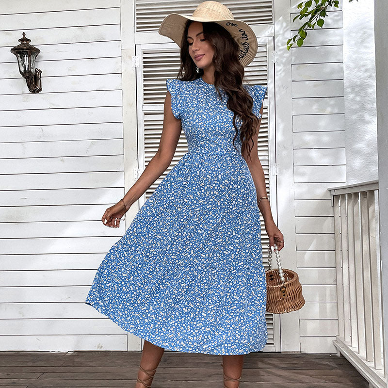 Summer Printed Women Midi Skirt European And American High Waist Small Flying Sleeve Floral Dress