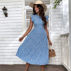 Summer Printed Women Midi Skirt European And American High Waist Small Flying Sleeve Floral Dress