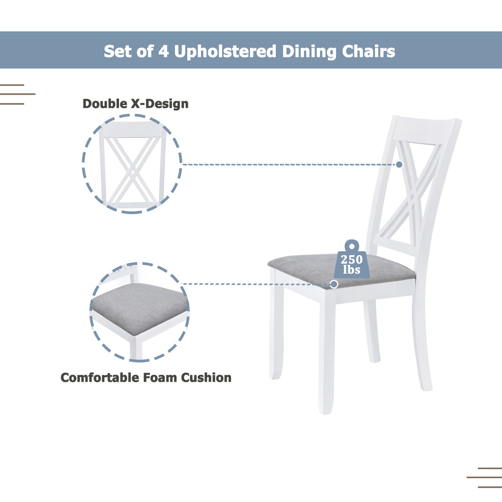 Rustic Minimalist Wood 5-Piece Dining Table Set with 4 X-Back Chairs for Small Places  White