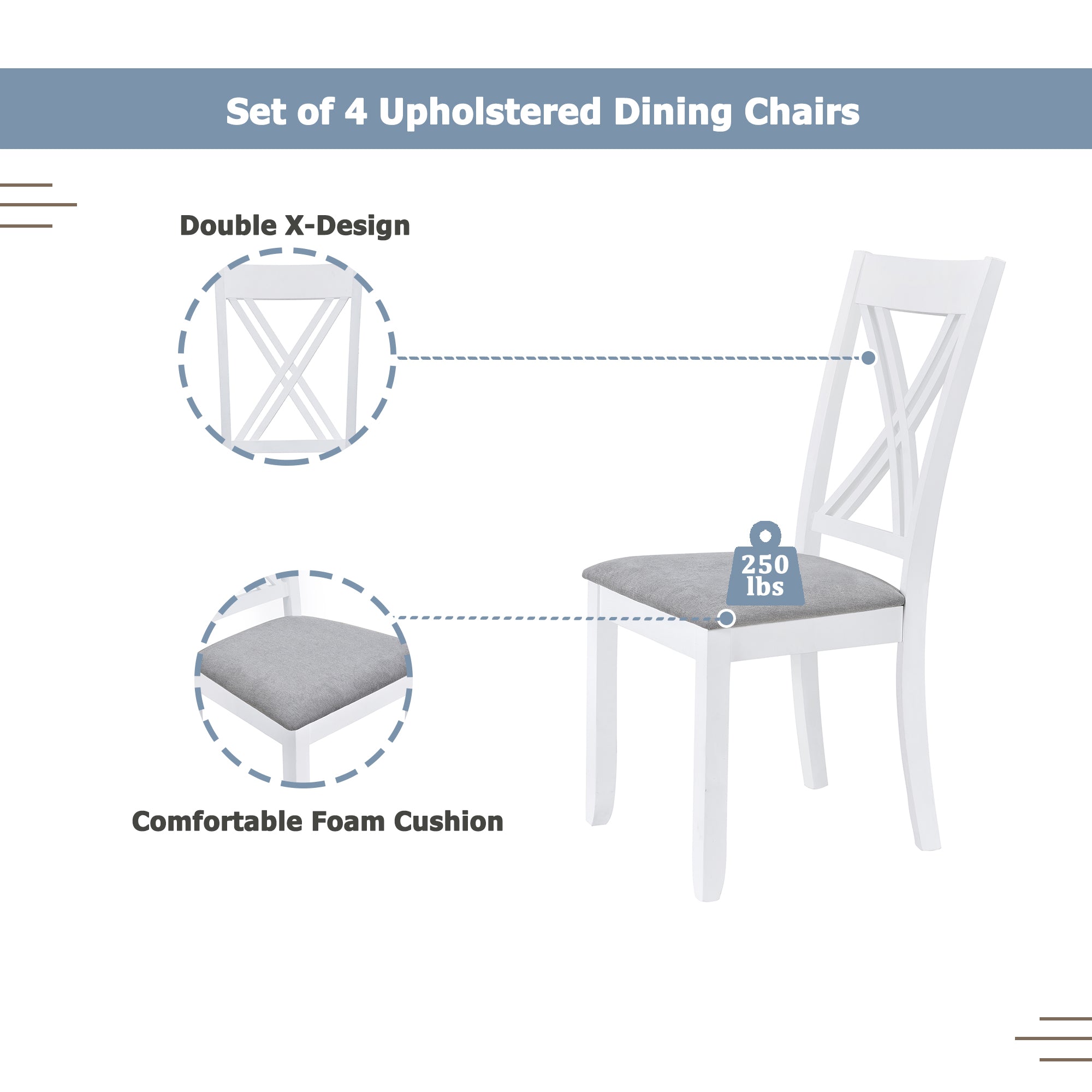 Rustic Minimalist Wood 5-Piece Dining Table Set with 4 X-Back Chairs for Small Places  White