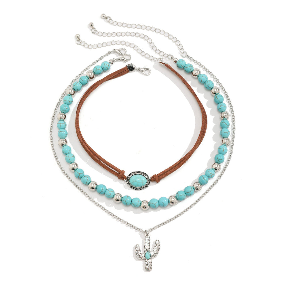 Vintage imitation turquoise collarbone chain niche bead necklace set ethnic style cactus necklace
