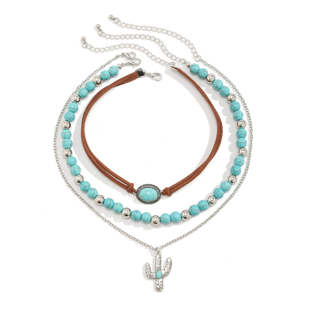 Vintage imitation turquoise collarbone chain niche bead necklace set ethnic style cactus necklace