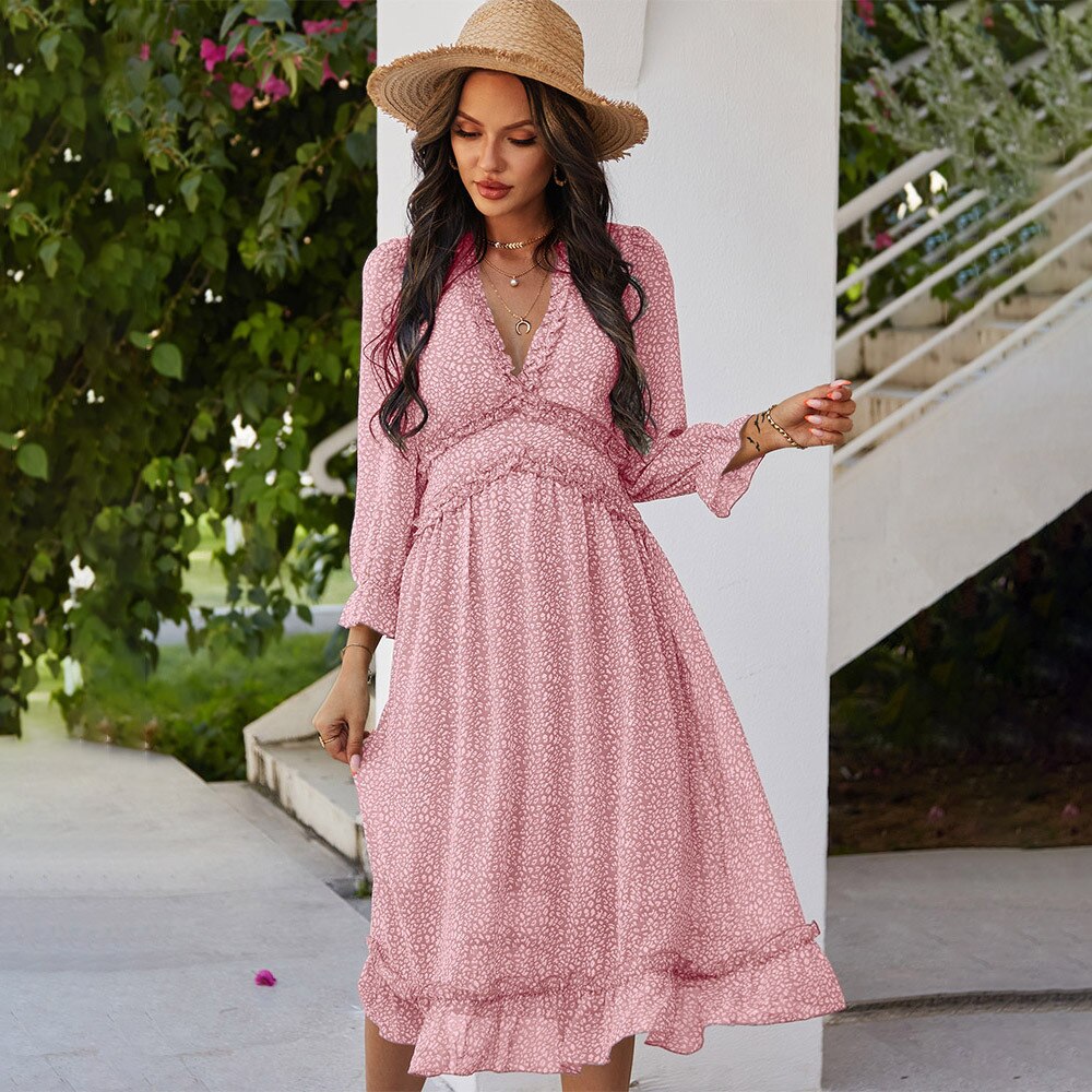 Ladies Vintage Sexy Print Chiffon Dress Women Casual Ruffles High Waist Bohemian Beach Spring Summer Women Dress