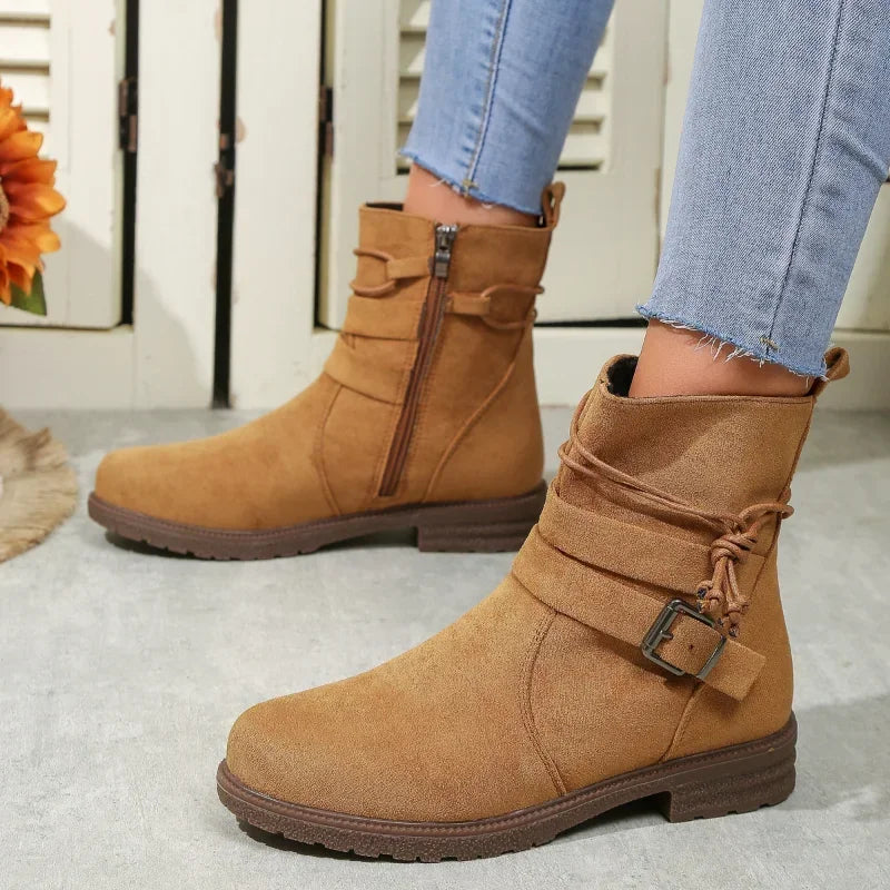 Women Belt Buckle Ankle Boots Chunky Chelsea Boots Mid Heel