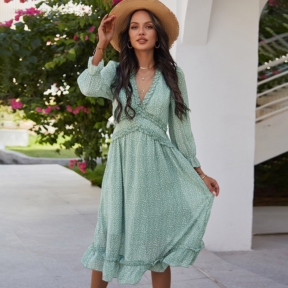 Ladies Vintage Sexy Print Chiffon Dress Women Casual Ruffles High Waist Bohemian Beach Spring Summer Women Dress
