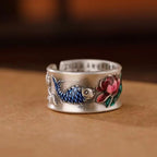 New Jewelry Silver-Plated Lotus Heart Sutra Ring Retro Ethnic Style Carp Lotus Flower Wide Version
