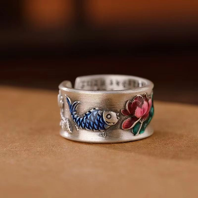 New Jewelry Silver-Plated Lotus Heart Sutra Ring Retro Ethnic Style Carp Lotus Flower Wide Version