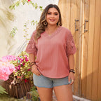 Plus Size T-Shirt Women's Solid Color Short Sleeve Top Hollow Out Printed V-Neck Top
