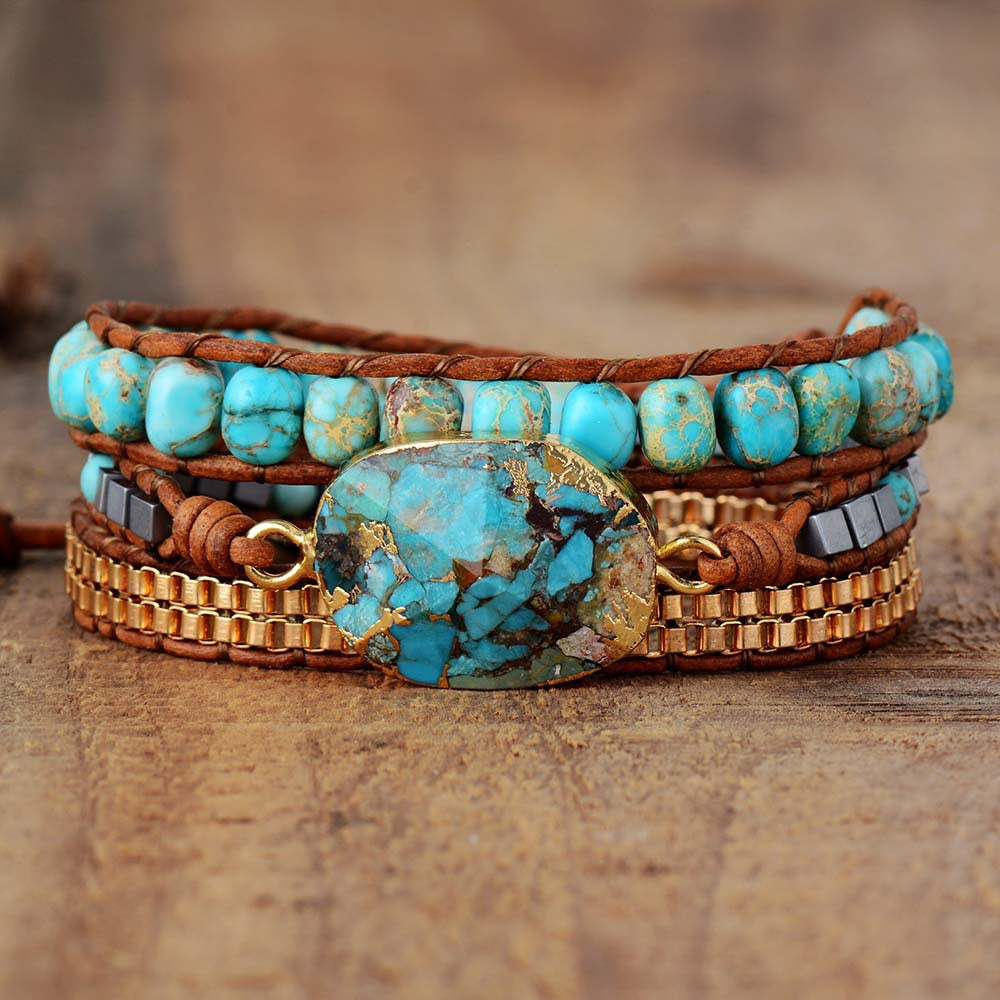 Boho Cut Corner Turquoise Bracelet Jewelry Triple Wrap Hand Braided Leather Cord Bracelet