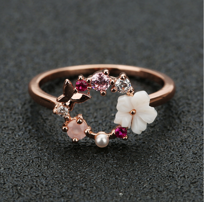 Women's Butterfly Flower Rose Gold Ring