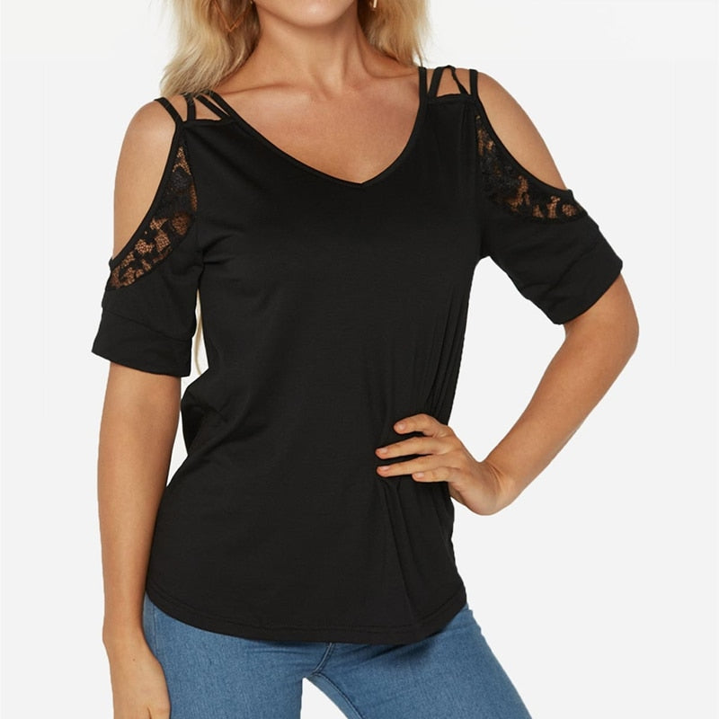 Women's Off The Shoulder T Shirt Summer New Chic Simple Solid Color V-Neck Lace Short Sleeve Plus Size Casual Clothes Y2k Top