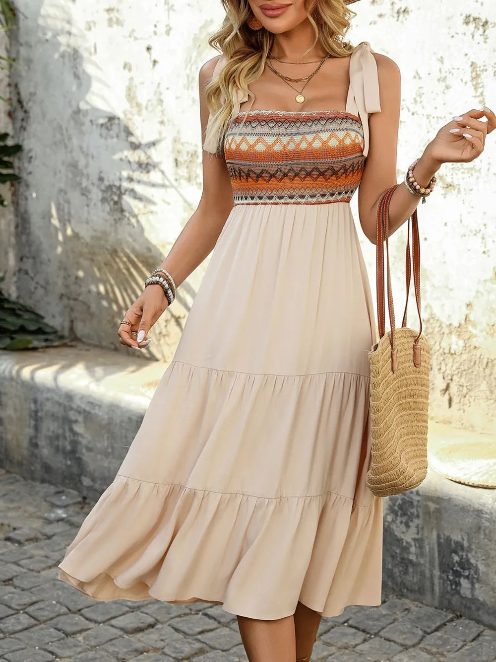 Tied Smocked Tiered Midi Cami Dress