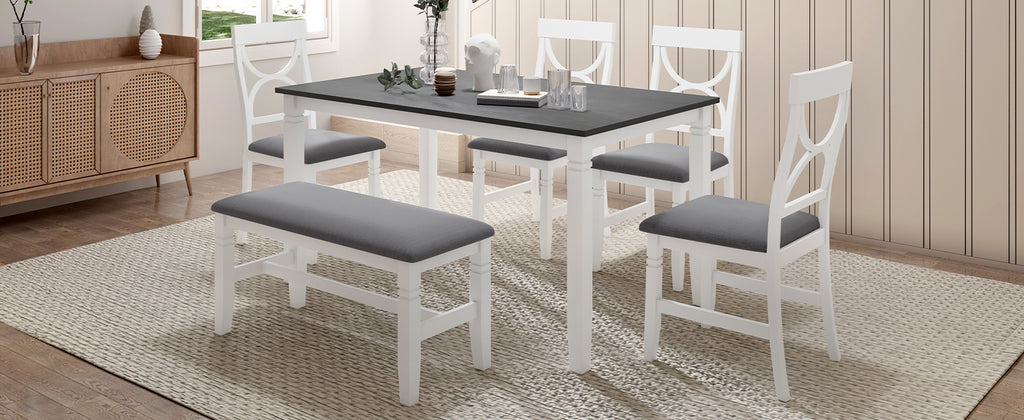6-Piece Wood Dining Table Set Kitchen Table Set with Upholstered Bench and 4 Dining Chairs, Farmhouse Style Gray+White