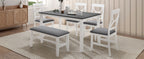 6-Piece Wood Dining Table Set Kitchen Table Set with Upholstered Bench and 4 Dining Chairs, Farmhouse Style Gray+White