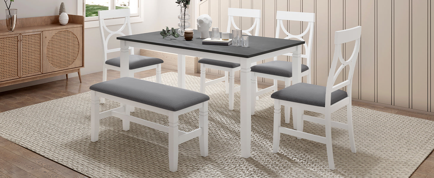 6-Piece Wood Dining Table Set Kitchen Table Set with Upholstered Bench and 4 Dining Chairs, Farmhouse Style Gray+White