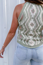 Women's Laurel Green Western Tribal Aztec Pattern Knit Sweater Tank Top