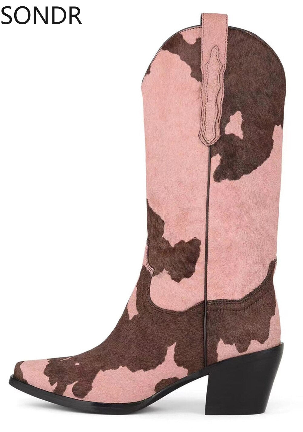 Women's Western Pointed Toe Real Horse Fur Mid Calf Boots Chunky Heel Genuine Leather
