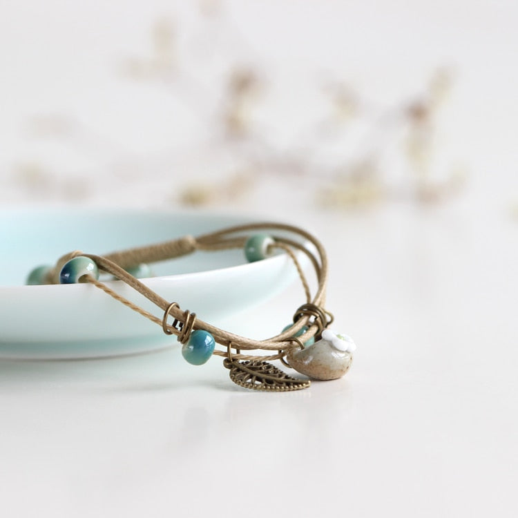 Ceramic Cute Flower Leaf Pattern Bracelets Handmade Vintage Boho Style Trendy jewelry