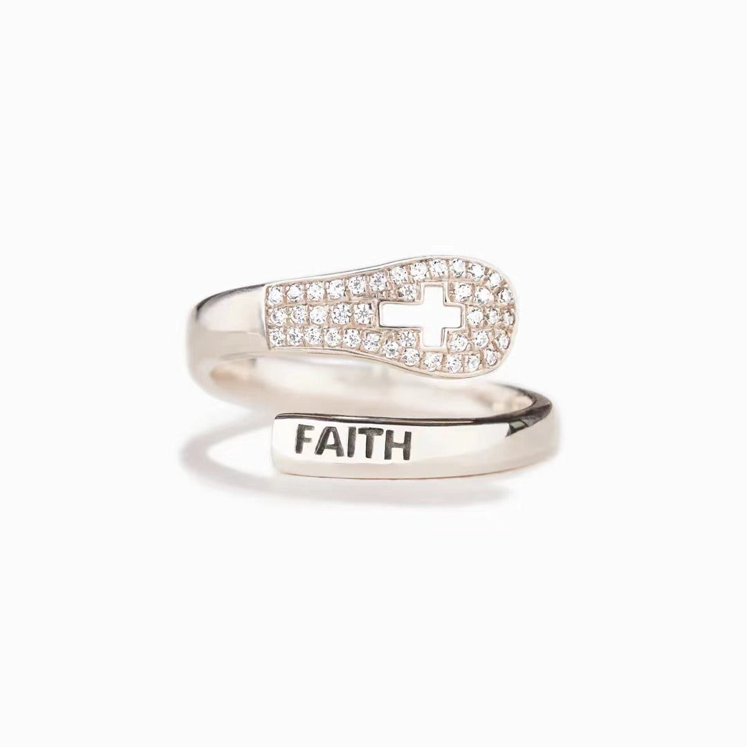 Women's Silver Faith Cross Zircon Ring Women's Simple and Fashionable European and American Style Ring Silver Jewelry