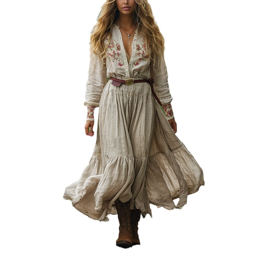 Vintage V-Neck Floral Print Long Sleeve Dress for Women