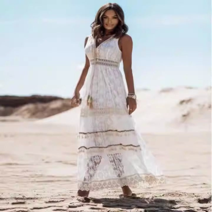 Temperament Bohemian Long Women's Dress Lace Splicing Big Swing