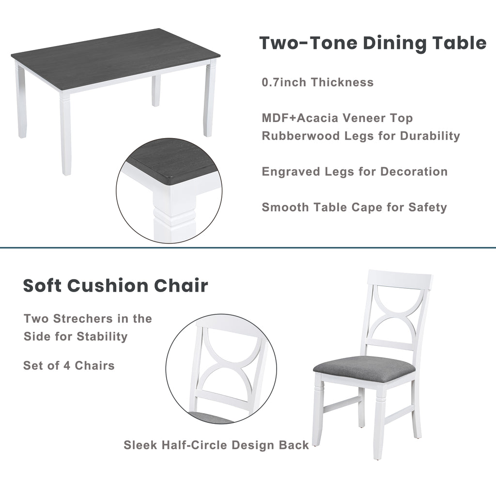 6-Piece Wood Dining Table Set Kitchen Table Set with Upholstered Bench and 4 Dining Chairs, Farmhouse Style Gray+White