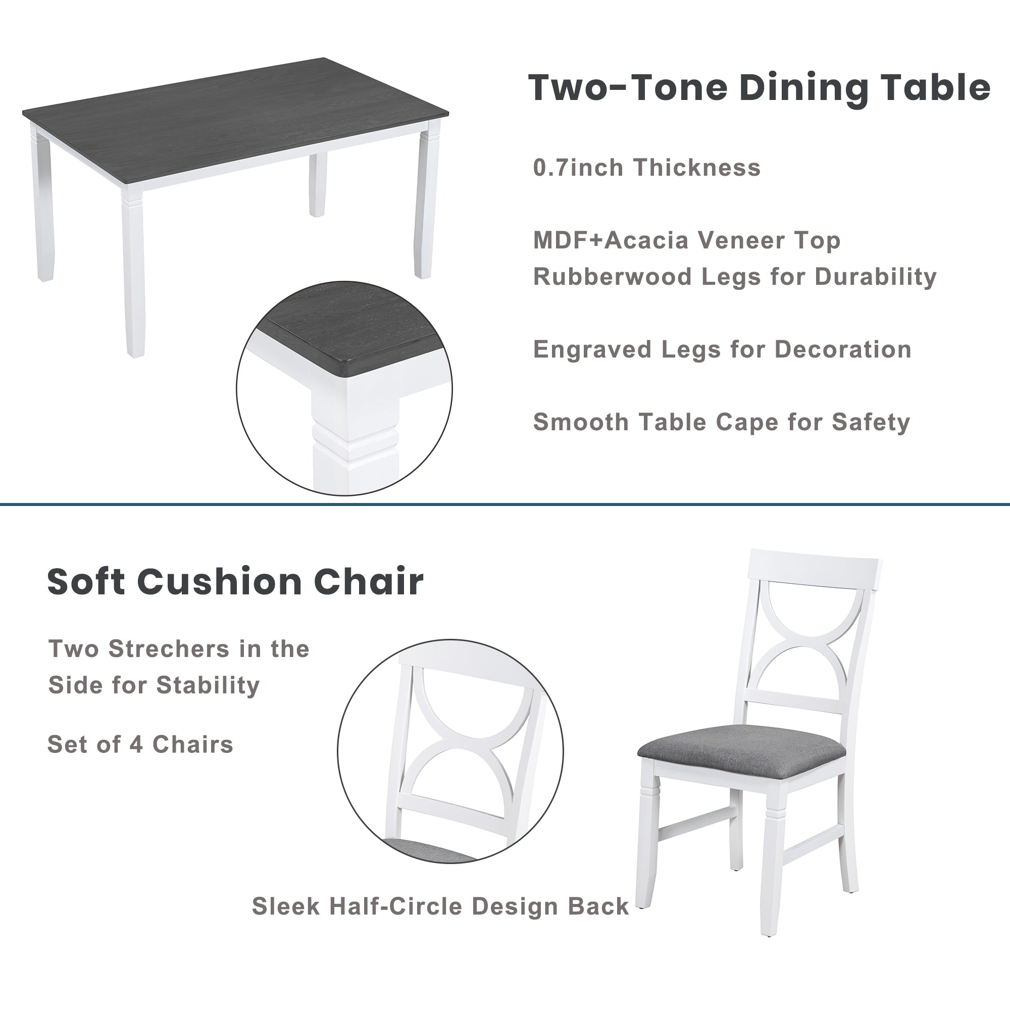 6-Piece Wood Dining Table Set Kitchen Table Set with Upholstered Bench and 4 Dining Chairs, Farmhouse Style Gray+White