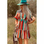 Bohemian Colorful Striped Pleated Flared Short Sleeve Dress