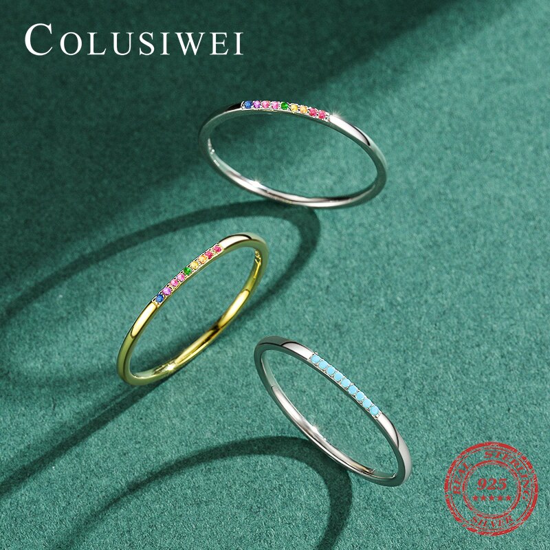 Stackable 925 Sterling Silver Pave Rainbow CZ Rrings Fashion Blue Turquoise Rings for Women Wedding Statement Jewelry