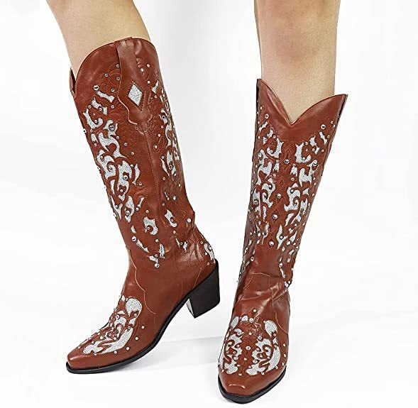 Women's Shoes Embroidered High Sleeve Solid Thick Heel Boots