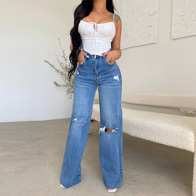 Women's Jeans Loose Casual High Waist Wide Leg Pants Fashion Street Ripped Plus Size Denim