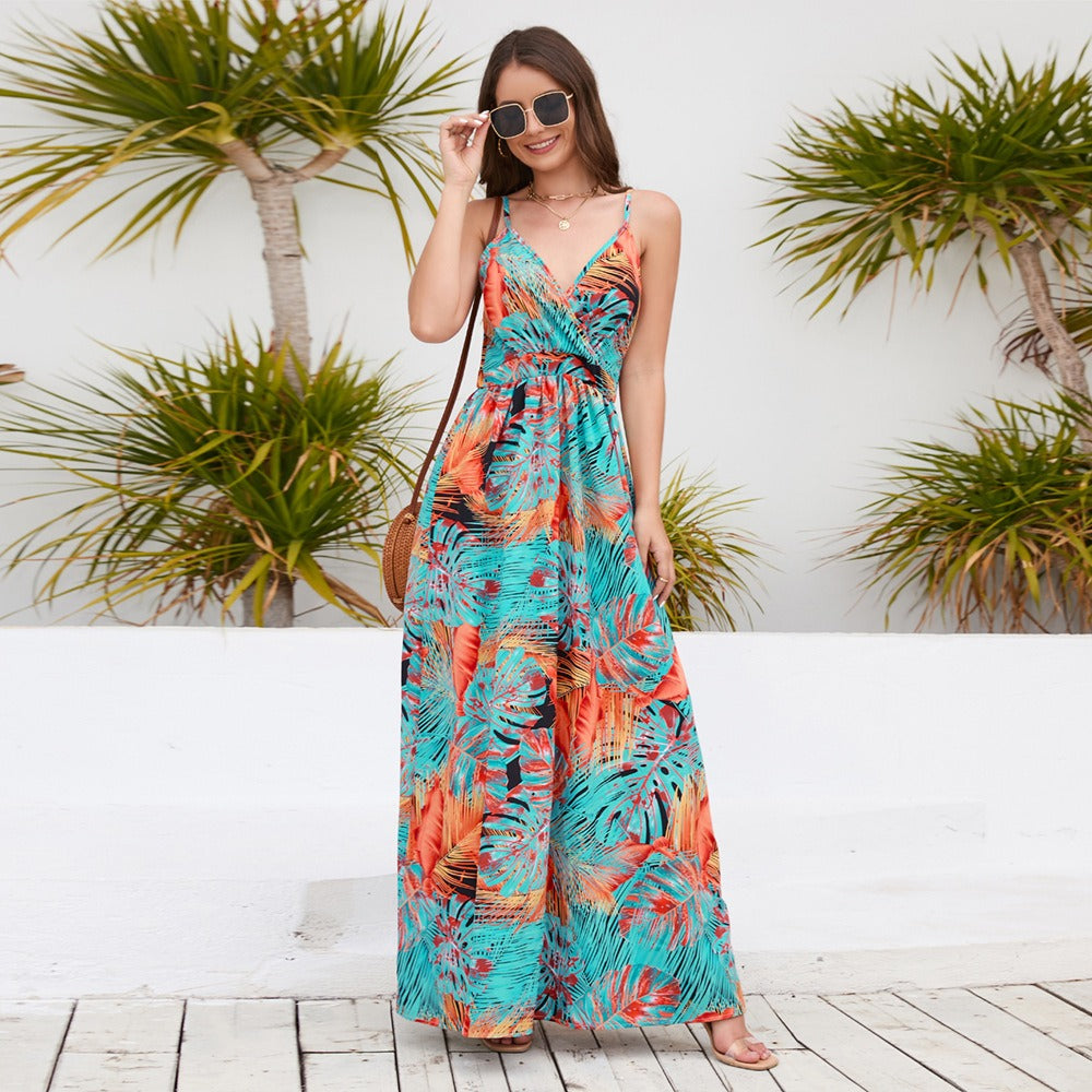 Bohemian printed long skirt with V-neck strap dress