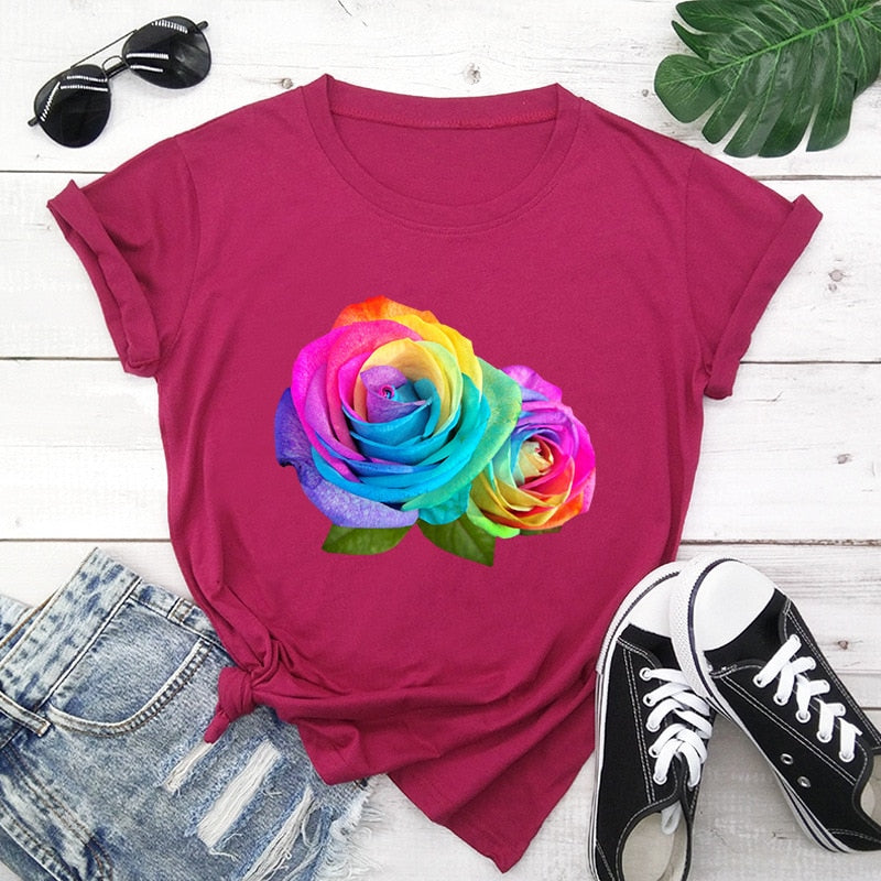 Summer Cotton Women T Shirt Plus Size Colorful Flower