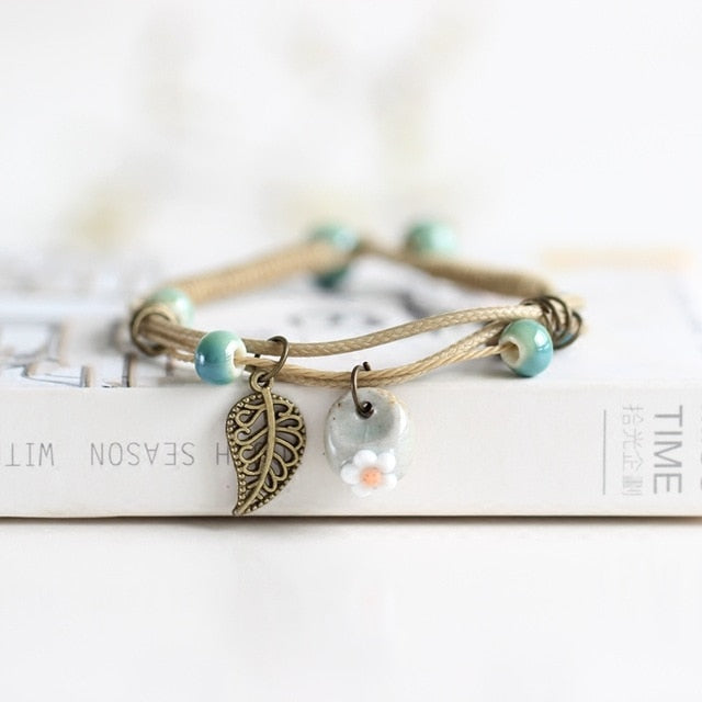 Ceramic Cute Flower Leaf Pattern Bracelets Handmade Vintage Boho Style Trendy jewelry
