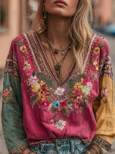 Women's casual vintage bohemian V-neck top ethnic style long sleeve