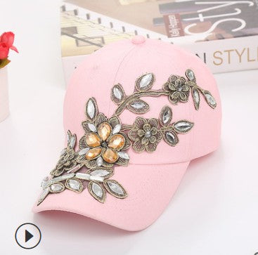 Women's Baseball Diamond Embroidery Flower Denim Snapback Cap
