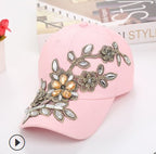 Women's Baseball Diamond Embroidery Flower Denim Snapback Cap
