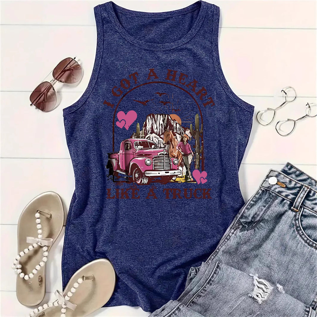 Sleeveless women's western denim style printed tank top