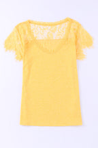 Yellow Lace Crochet Short Sleeve U Neck T Shirt
