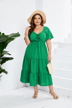 Women's V-neck High-Waist Long Dress Short Sleeve Plus Size Dress