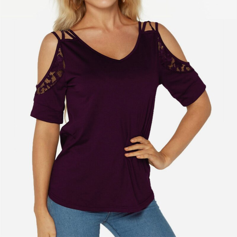 Women's Off The Shoulder T Shirt Summer New Chic Simple Solid Color V-Neck Lace Short Sleeve Plus Size Casual Clothes Y2k Top