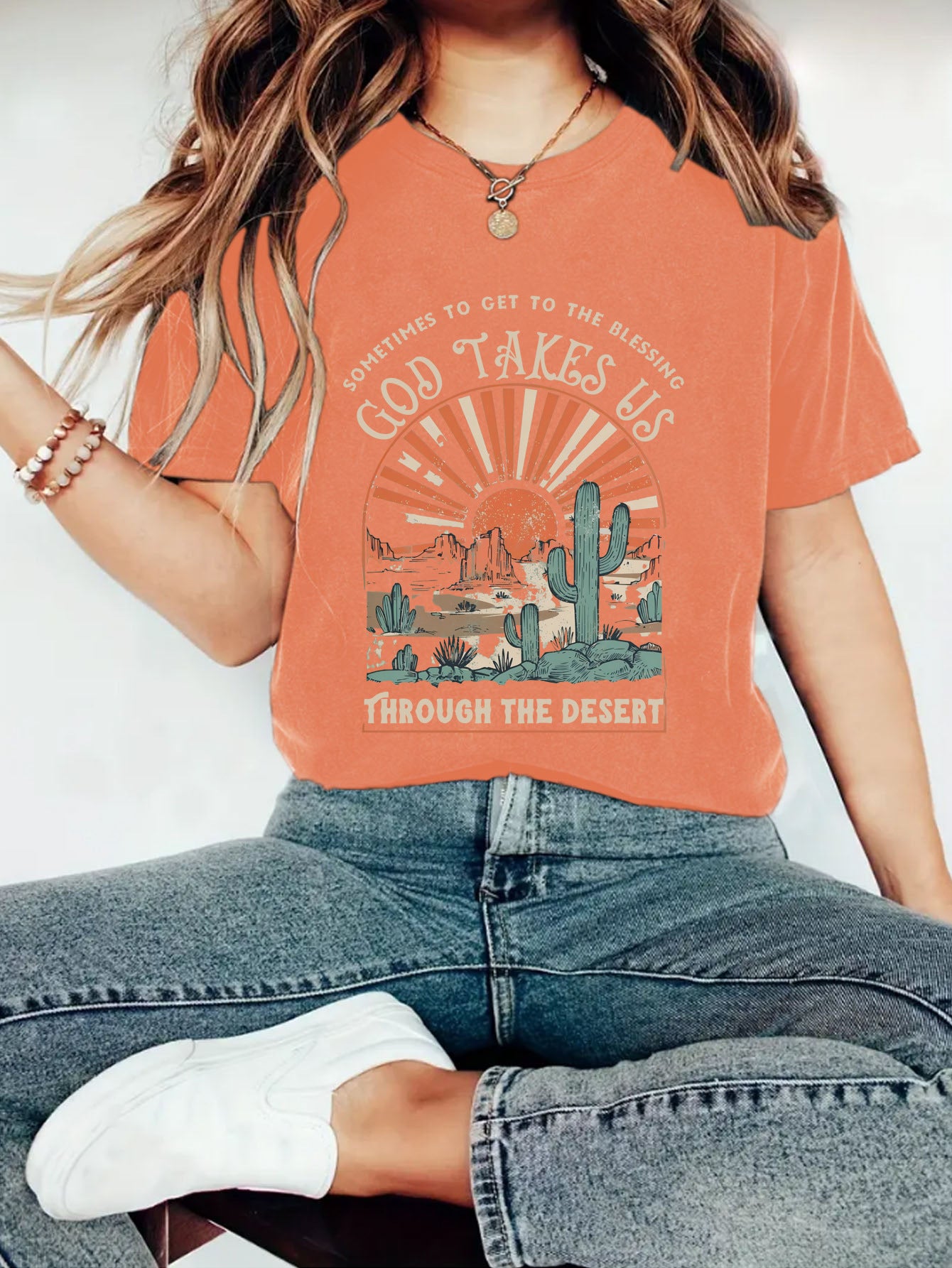 Western Jesus pattern printed round neck short sleeved T-shirt