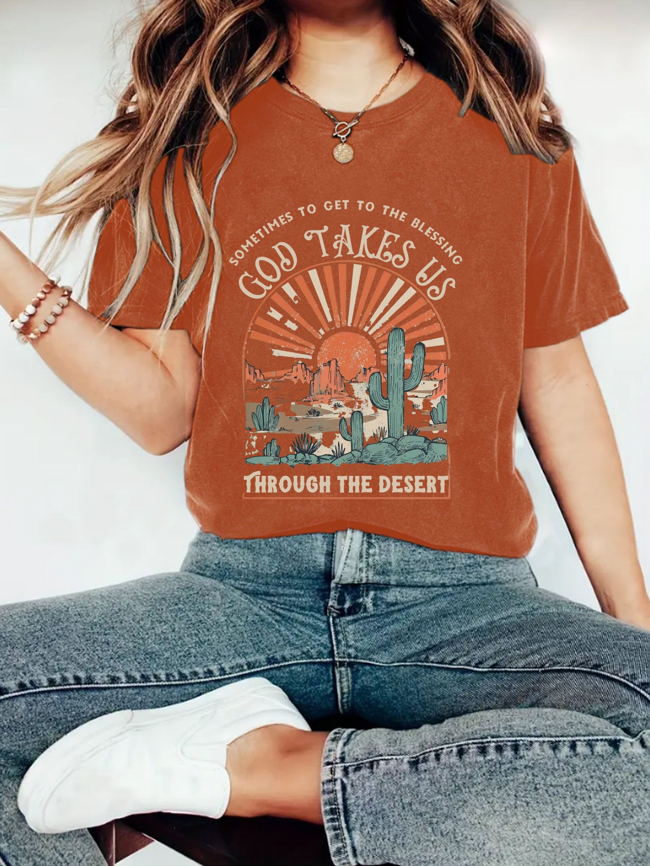 Western Jesus pattern printed round neck short sleeved T-shirt