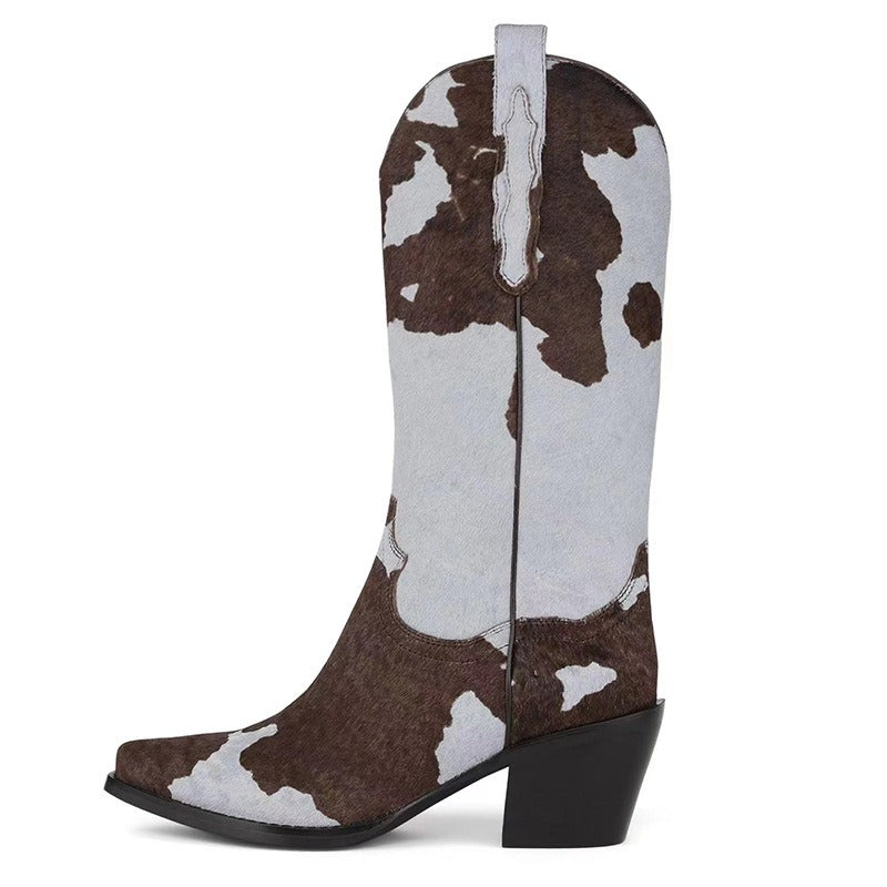 Knee-High Elastic Rider Round Heel Square Toe Western Boots Women's Boots
