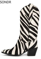 Women's Western Pointed Toe Real Horse Fur Mid Calf Boots Chunky Heel Genuine Leather