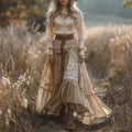 Vintage V-Neck Lace Women's Long Sleeve Maxi Dress, Bohemian Casual Flared Dress