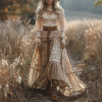 Vintage V-Neck Lace Women's Long Sleeve Maxi Dress, Bohemian Casual Flared Dress