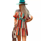 Bohemian Colorful Striped Pleated Flared Short Sleeve Dress