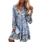 Nature-inspired Women's Plus Size, V-Neck Printed Flared Sleeve Dress
