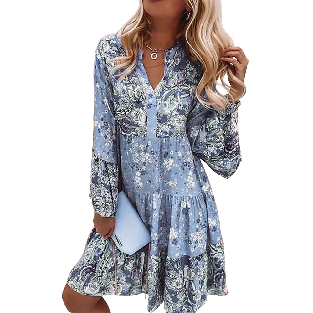 Nature-inspired Women's Plus Size, V-Neck Printed Flared Sleeve Dress